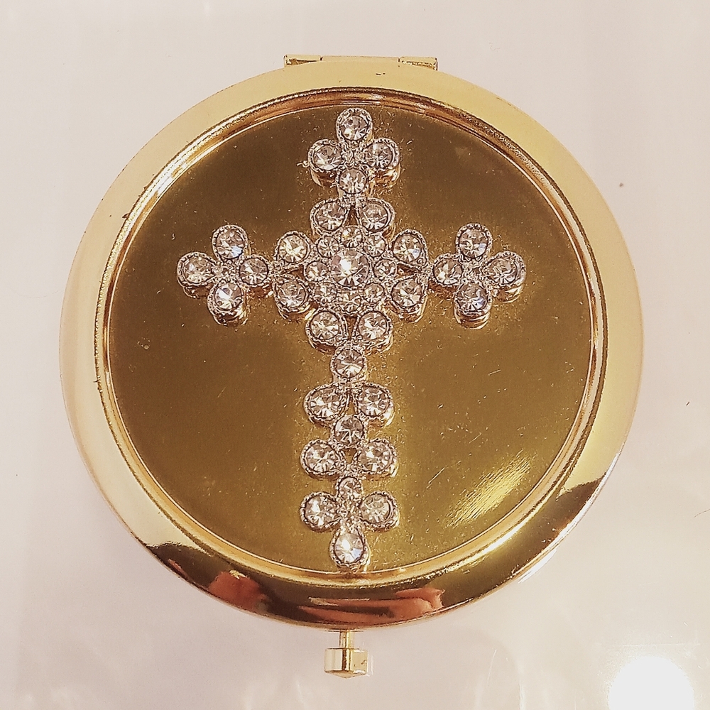 Monet Compact Mirror Rhinestones Cross  GoldTone  Snap Closure
